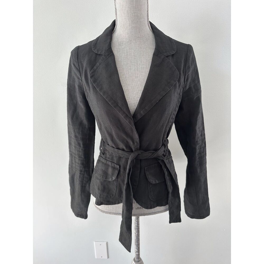 H&M Black Linen Belted Blazer Jacket Notch Lapel Tie Waist Flap Pockets size 4